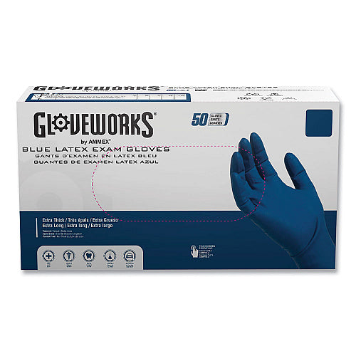 Gloveworks® Blue Latex Exam Gloves – Large | Heavy-Duty Extended Cuff, 50/Box