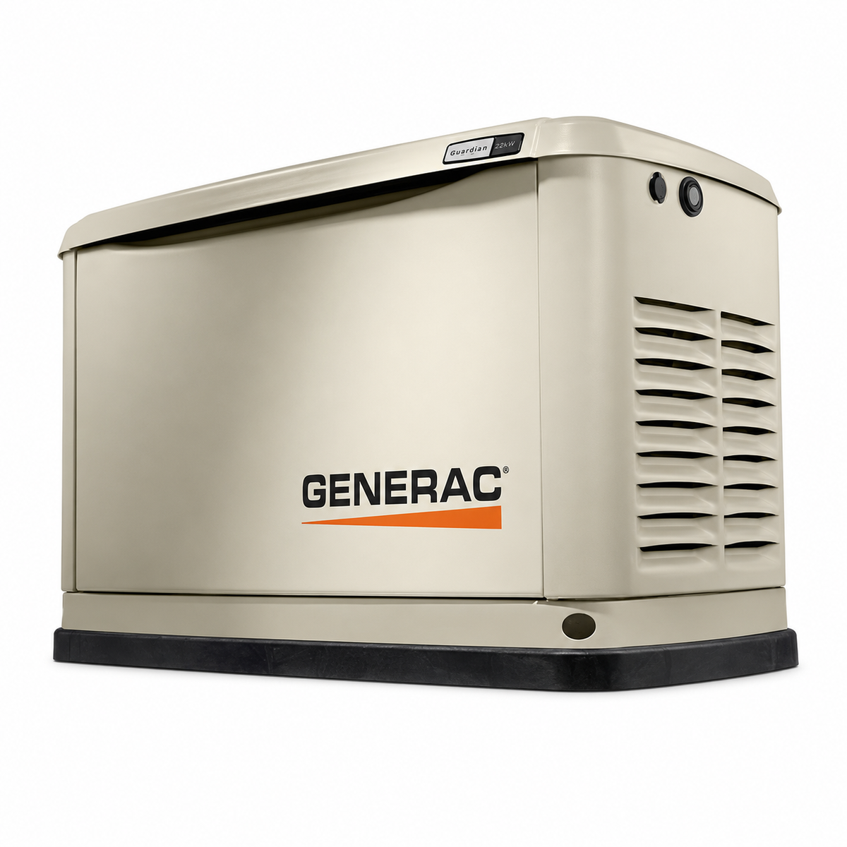 A Generac portable generator shown at a three-quarter angle on a clean white background. The generator has a beige exterior with a black base, black vent grates on the side, and the Generac logo printed on the front.