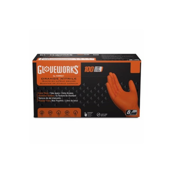 Gloveworks® Orange Raised Diamond Texture Nitrile Gloves – Large | 8 mil, 100/Box
