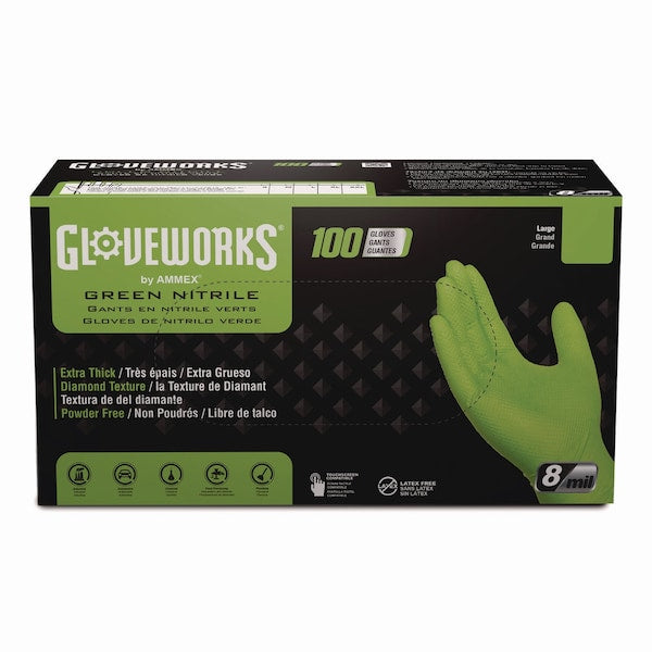 Gloveworks® Green Raised Diamond Texture Nitrile Gloves – Medium | 8 mil, 100/Box