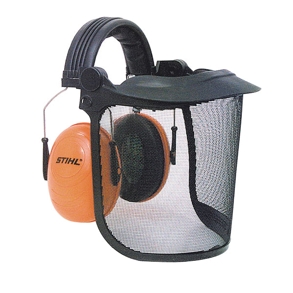 STIHL brush shield protector with steel mesh face screen and hearing protection