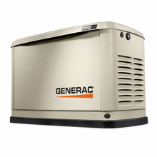 A Generac portable generator shown at a three-quarter angle on a clean white background. The generator has a beige exterior with a black base, black vent grates on the side, and the Generac logo printed on the front.