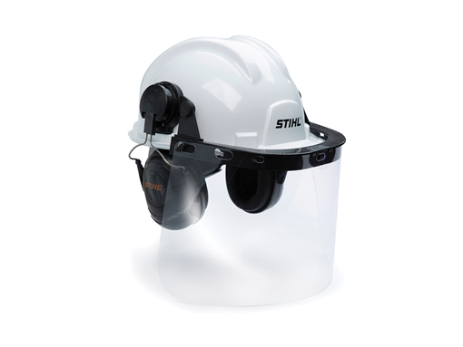 STIHL construction hard hat system with clear face shield and earmuffs