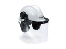 STIHL construction hard hat system with clear face shield and earmuffs
